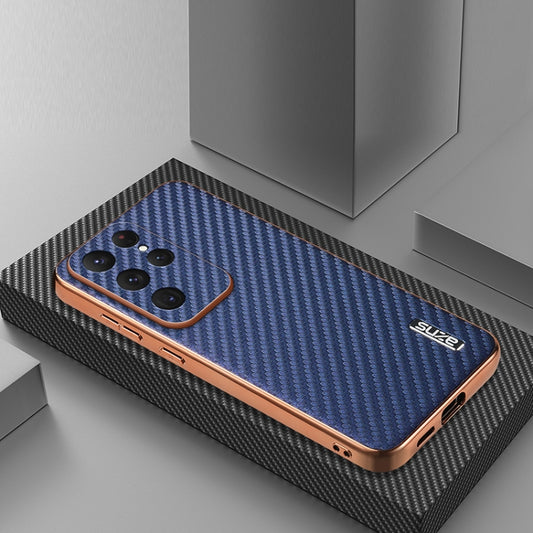 For Samsung Galaxy S25 Ultra 5G AZNS Electroplated Edge Carbon Fiber Texture Phone Case(Blue) by AZNS