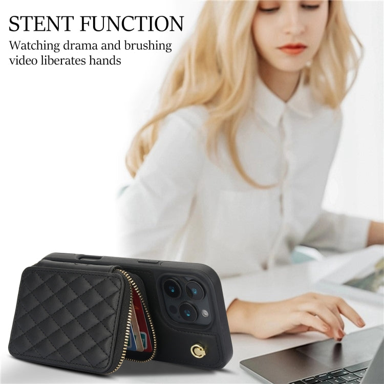 For iPhone 16 Pro Max AwQuer Crossbody Zipper Wallet Rhombic Leather Back Phone Case(Black) by Awquer