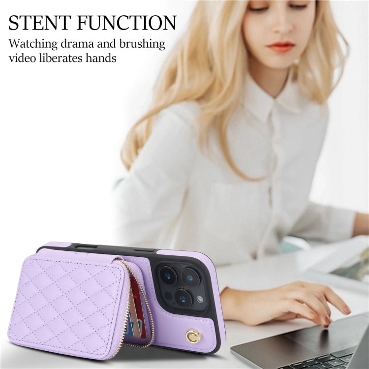 For iPhone 16 Pro Max AwQuer Crossbody Zipper Wallet Rhombic Leather Back Phone Case(Purple) by Awquer