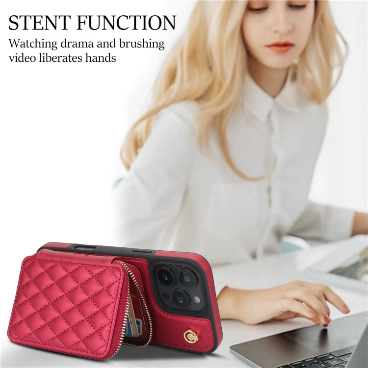 For iPhone 16 Pro AwQuer Crossbody Zipper Wallet Rhombic Leather Back Phone Case(Red) by Awquer