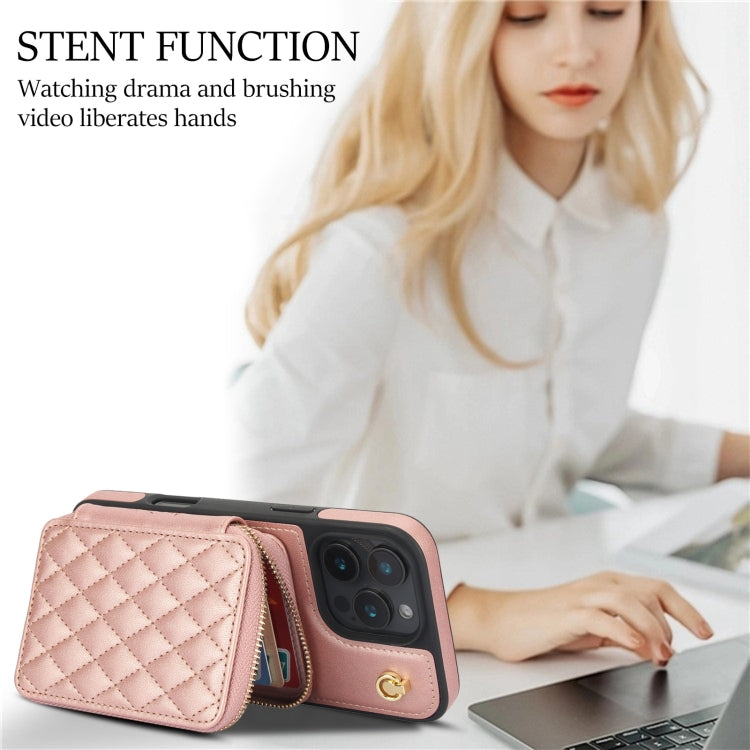 For iPhone 16 Pro AwQuer Crossbody Zipper Wallet Rhombic Leather Back Phone Case(Rose Gold) by Awquer