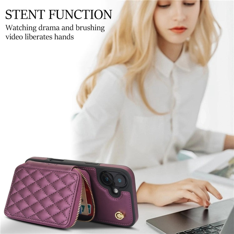 For iPhone 16 Plus AwQuer Crossbody Zipper Wallet Rhombic Leather Back Phone Case(Dark Purple) by Awquer