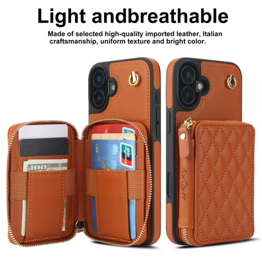 For iPhone 16 Plus AwQuer Crossbody Zipper Wallet Rhombic Leather Back Phone Case(Brown) by Awquer