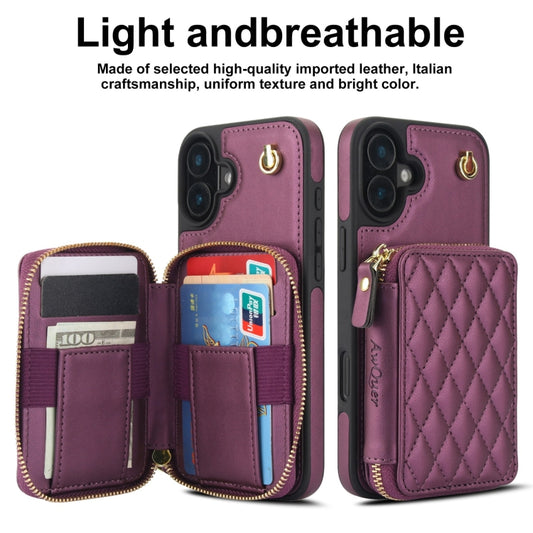 For iPhone 16 AwQuer Crossbody Zipper Wallet Rhombic Leather Back Phone Case(Dark Purple) by Awquer