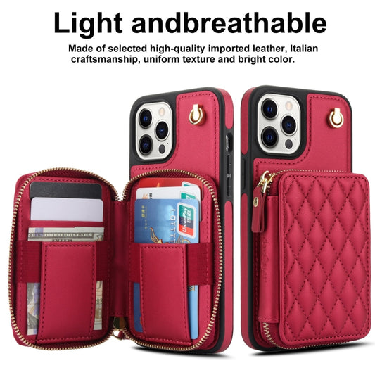 For iPhone 15 Pro Max AwQuer Crossbody Zipper Wallet Rhombic Leather Back Phone Case(Red) - iPhone 15 Pro Max Cases by Awquer | Online Shopping UK | buy2fix