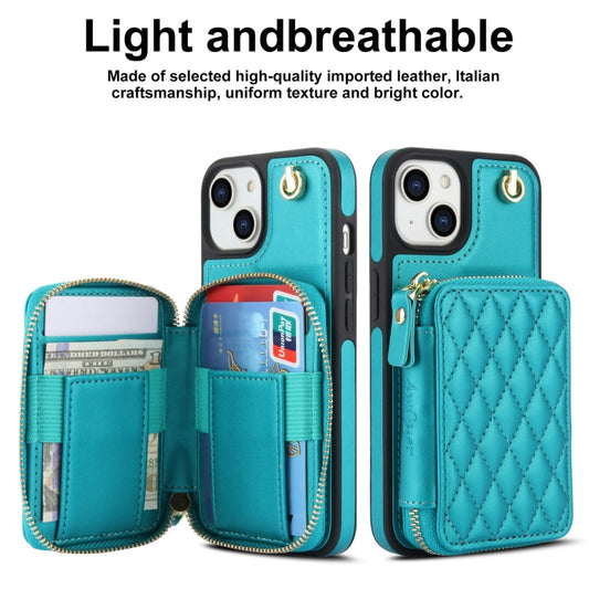 For iPhone 15 Plus AwQuer Crossbody Zipper Wallet Rhombic Leather Back Phone Case(Green) - iPhone 15 Plus Cases by Awquer | Online Shopping UK | buy2fix
