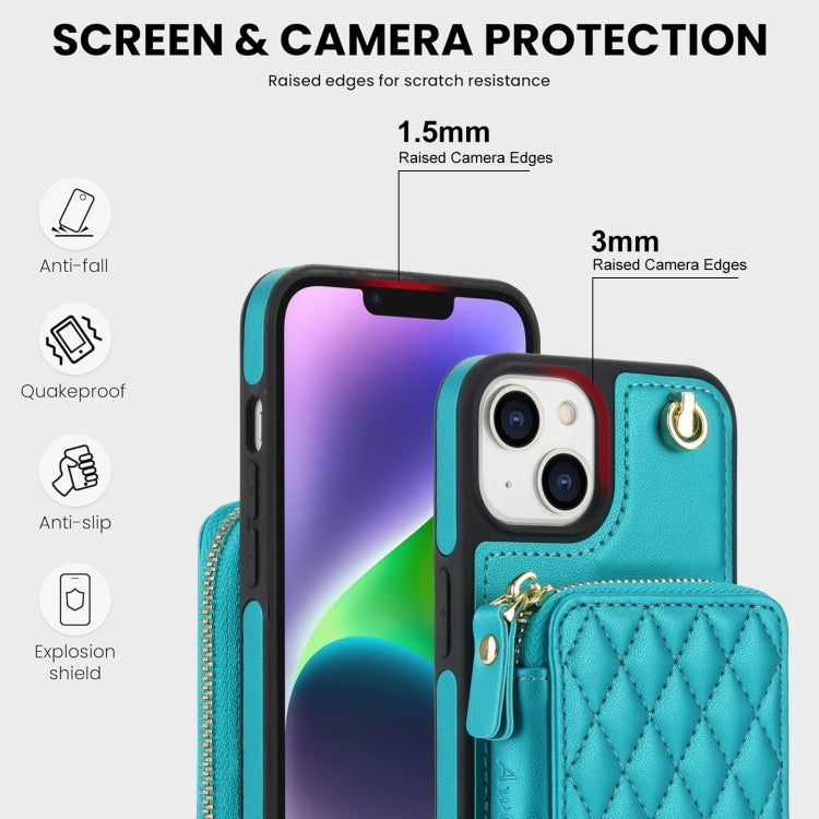 For iPhone 14 Plus AwQuer Crossbody Zipper Wallet Rhombic Leather Back Phone Case(Green) - iPhone 14 Plus Cases by Awquer | Online Shopping UK | buy2fix