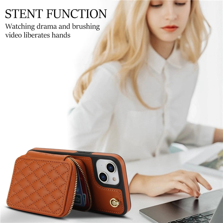 For iPhone 14 Plus AwQuer Crossbody Zipper Wallet Rhombic Leather Back Phone Case(Brown) - iPhone 14 Plus Cases by Awquer | Online Shopping UK | buy2fix