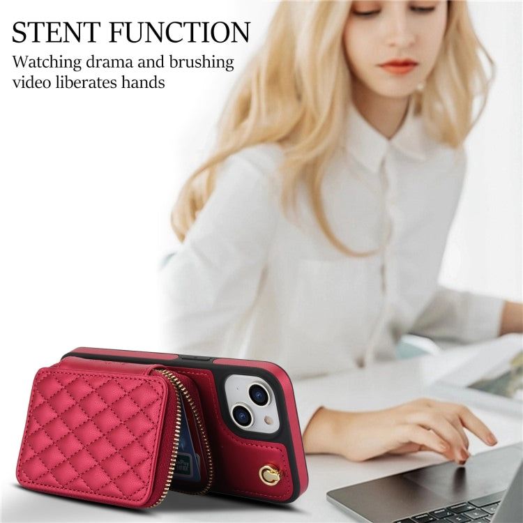 For iPhone 14 / 13 AwQuer Crossbody Zipper Wallet Rhombic Leather Back Phone Case(Red) - iPhone 14 Cases by Awquer | Online Shopping UK | buy2fix
