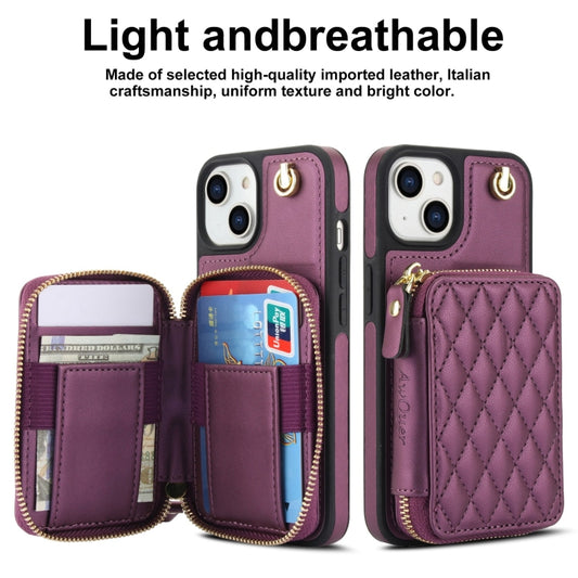 For iPhone 14 / 13 AwQuer Crossbody Zipper Wallet Rhombic Leather Back Phone Case(Dark Purple) - iPhone 14 Cases by Awquer | Online Shopping UK | buy2fix