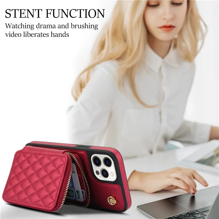 For iPhone 14 Pro AwQuer Crossbody Zipper Wallet Rhombic Leather Back Phone Case(Red) - iPhone 14 Pro Cases by Awquer | Online Shopping UK | buy2fix