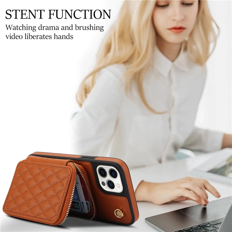 For iPhone 14 Pro Max AwQuer Crossbody Zipper Wallet Rhombic Leather Back Phone Case(Brown) - iPhone 14 Pro Max Cases by Awquer | Online Shopping UK | buy2fix