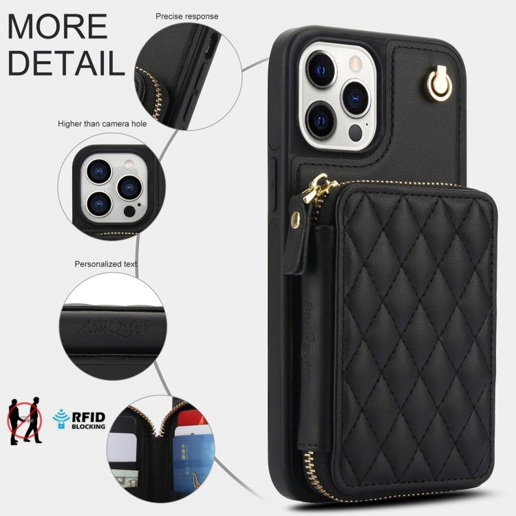 For iPhone 13 Pro AwQuer Crossbody Zipper Wallet Rhombic Leather Back Phone Case(Black) - iPhone 13 Pro Cases by Awquer | Online Shopping UK | buy2fix