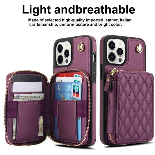 For iPhone 13 Pro AwQuer Crossbody Zipper Wallet Rhombic Leather Back Phone Case(Dark Purple) - iPhone 13 Pro Cases by Awquer | Online Shopping UK | buy2fix