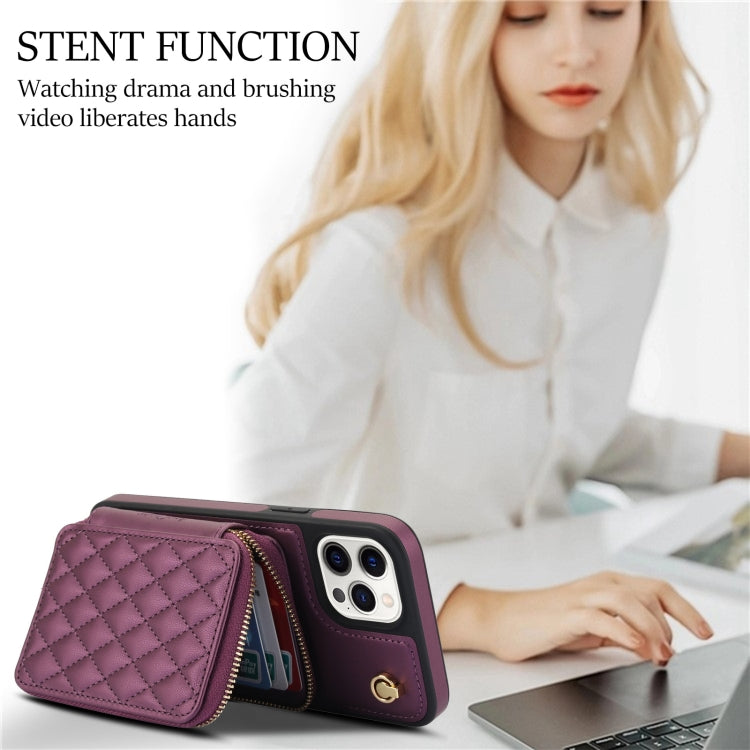 For iPhone 13 Pro AwQuer Crossbody Zipper Wallet Rhombic Leather Back Phone Case(Dark Purple) - iPhone 13 Pro Cases by Awquer | Online Shopping UK | buy2fix