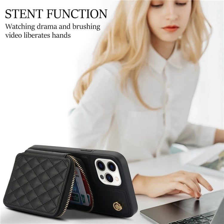 For iPhone 12 / 12 Pro AwQuer Crossbody Zipper Wallet Rhombic Leather Back Phone Case(Black) - iPhone 12 / 12 Pro Cases by Awquer | Online Shopping UK | buy2fix