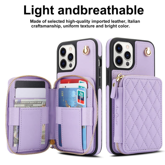 For iPhone 12 Pro Max AwQuer Crossbody Zipper Wallet Rhombic Leather Back Phone Case(Purple) - iPhone 12 Pro Max Cases by Awquer | Online Shopping UK | buy2fix