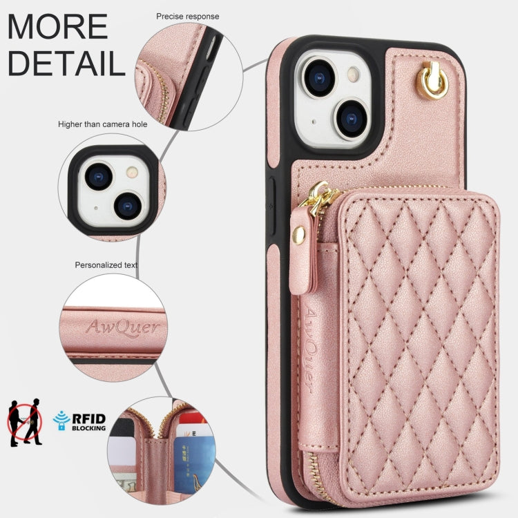 For iPhone 11 AwQuer Crossbody Zipper Wallet Rhombic Leather Back Phone Case(Rose Gold) - iPhone 11 Cases by Awquer | Online Shopping UK | buy2fix
