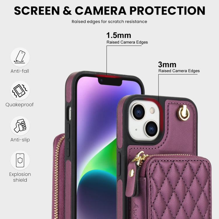 For iPhone 11 AwQuer Crossbody Zipper Wallet Rhombic Leather Back Phone Case(Dark Purple) - iPhone 11 Cases by Awquer | Online Shopping UK | buy2fix