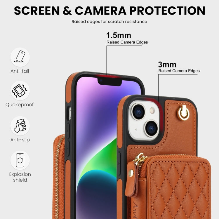For iPhone 11 AwQuer Crossbody Zipper Wallet Rhombic Leather Back Phone Case(Brown) - iPhone 11 Cases by Awquer | Online Shopping UK | buy2fix