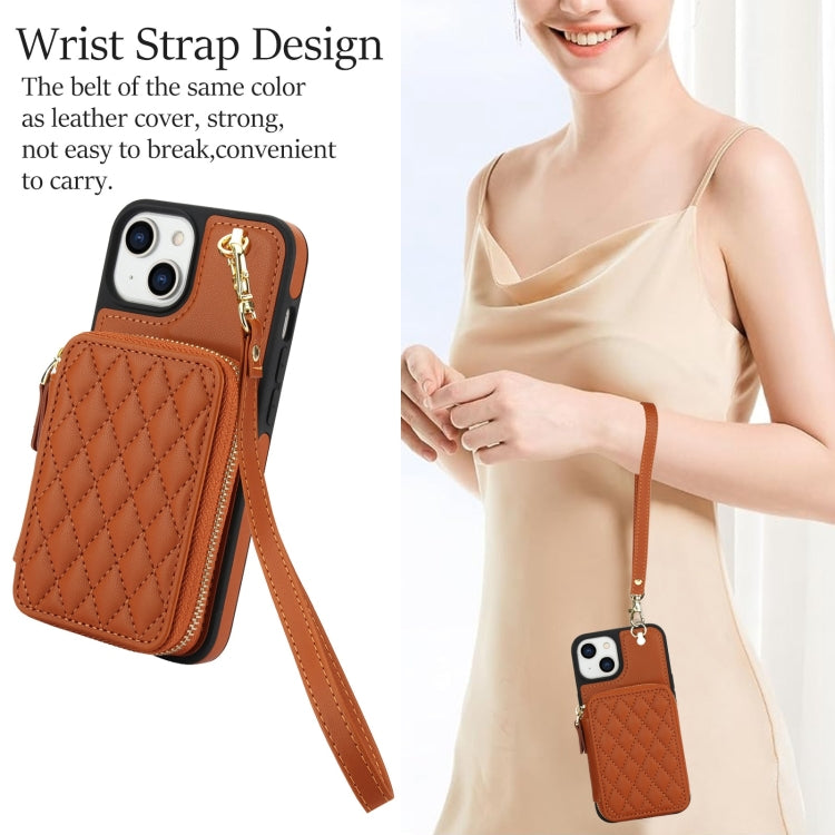 For iPhone 11 AwQuer Crossbody Zipper Wallet Rhombic Leather Back Phone Case(Brown) - iPhone 11 Cases by Awquer | Online Shopping UK | buy2fix