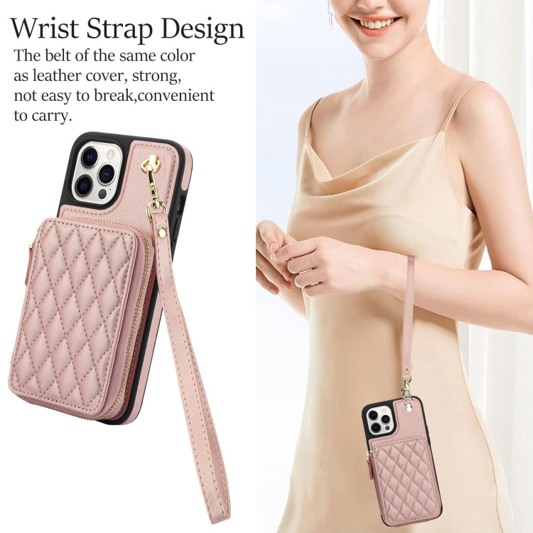 For iPhone 11 Pro AwQuer Crossbody Zipper Wallet Rhombic Leather Back Phone Case(Rose Gold) - iPhone 11 Pro Cases by Awquer | Online Shopping UK | buy2fix