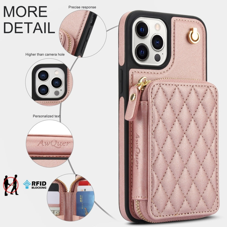 For iPhone 11 Pro AwQuer Crossbody Zipper Wallet Rhombic Leather Back Phone Case(Rose Gold) - iPhone 11 Pro Cases by Awquer | Online Shopping UK | buy2fix