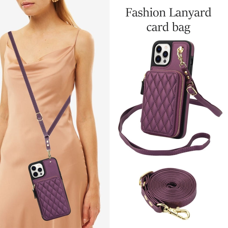 For iPhone 11 Pro AwQuer Crossbody Zipper Wallet Rhombic Leather Back Phone Case(Dark Purple) - iPhone 11 Pro Cases by Awquer | Online Shopping UK | buy2fix
