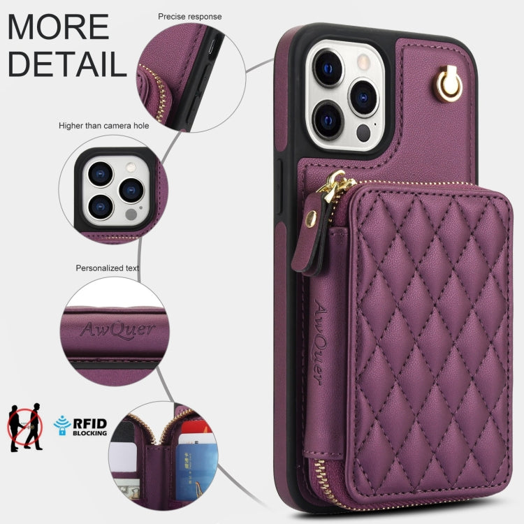 For iPhone 11 Pro AwQuer Crossbody Zipper Wallet Rhombic Leather Back Phone Case(Dark Purple) - iPhone 11 Pro Cases by Awquer | Online Shopping UK | buy2fix