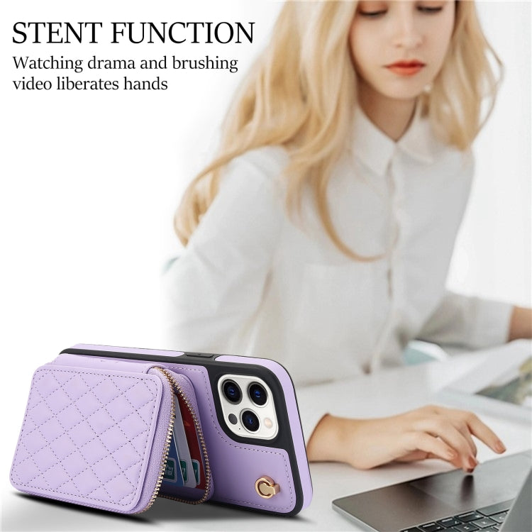 For iPhone 11 Pro AwQuer Crossbody Zipper Wallet Rhombic Leather Back Phone Case(Purple) - iPhone 11 Pro Cases by Awquer | Online Shopping UK | buy2fix