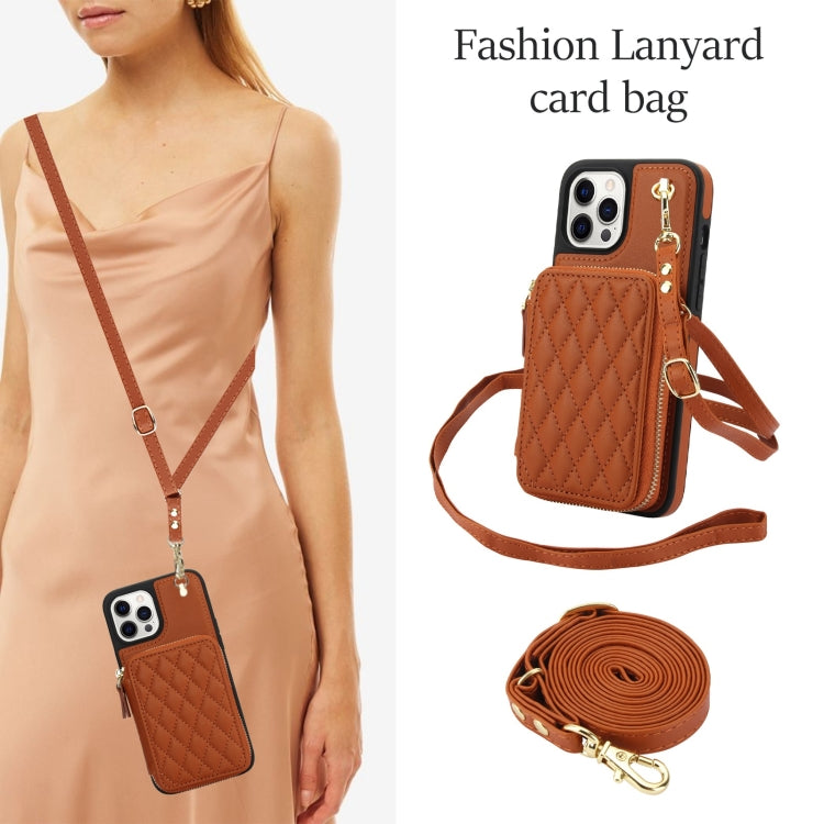 For iPhone 11 Pro AwQuer Crossbody Zipper Wallet Rhombic Leather Back Phone Case(Brown) - iPhone 11 Pro Cases by Awquer | Online Shopping UK | buy2fix