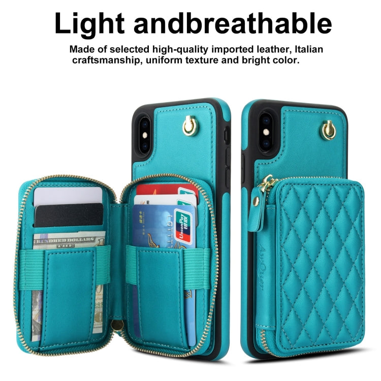 For iPhone X / XS AwQuer Crossbody Zipper Wallet Rhombic Leather Back Phone Case(Green) - More iPhone Cases by Awquer | Online Shopping UK | buy2fix