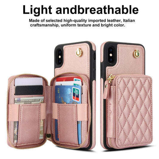 For iPhone X / XS AwQuer Crossbody Zipper Wallet Rhombic Leather Back Phone Case(Rose Gold) - More iPhone Cases by Awquer | Online Shopping UK | buy2fix