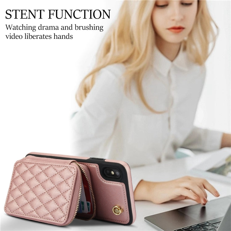 For iPhone X / XS AwQuer Crossbody Zipper Wallet Rhombic Leather Back Phone Case(Rose Gold) - More iPhone Cases by Awquer | Online Shopping UK | buy2fix