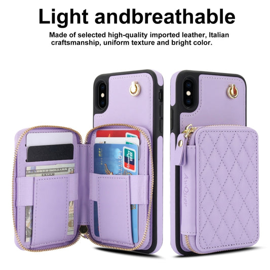 For iPhone X / XS AwQuer Crossbody Zipper Wallet Rhombic Leather Back Phone Case(Purple) - More iPhone Cases by Awquer | Online Shopping UK | buy2fix