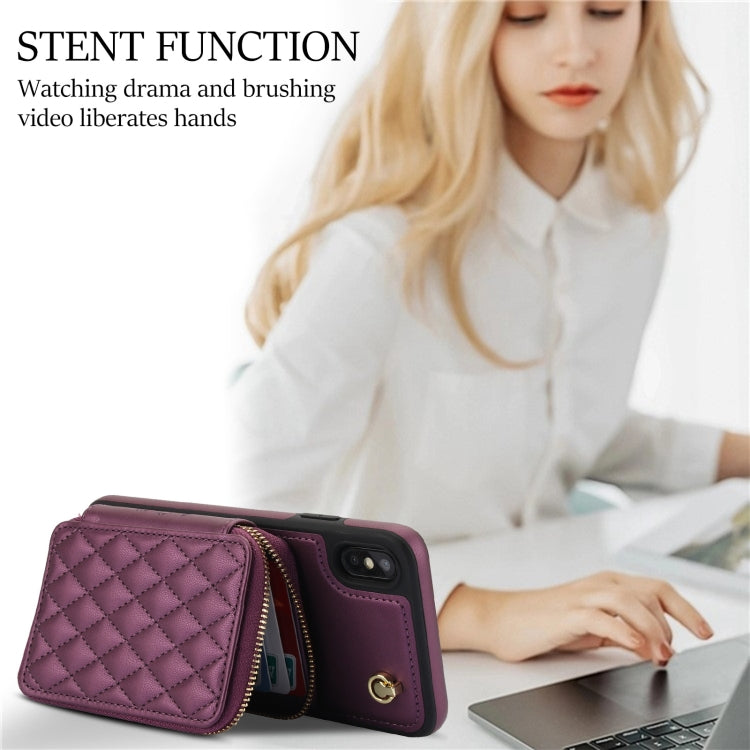 For iPhone XR AwQuer Crossbody Zipper Wallet Rhombic Leather Back Phone Case(Dark Purple) - More iPhone Cases by Awquer | Online Shopping UK | buy2fix