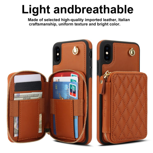 For iPhone XR AwQuer Crossbody Zipper Wallet Rhombic Leather Back Phone Case(Brown) - More iPhone Cases by Awquer | Online Shopping UK | buy2fix