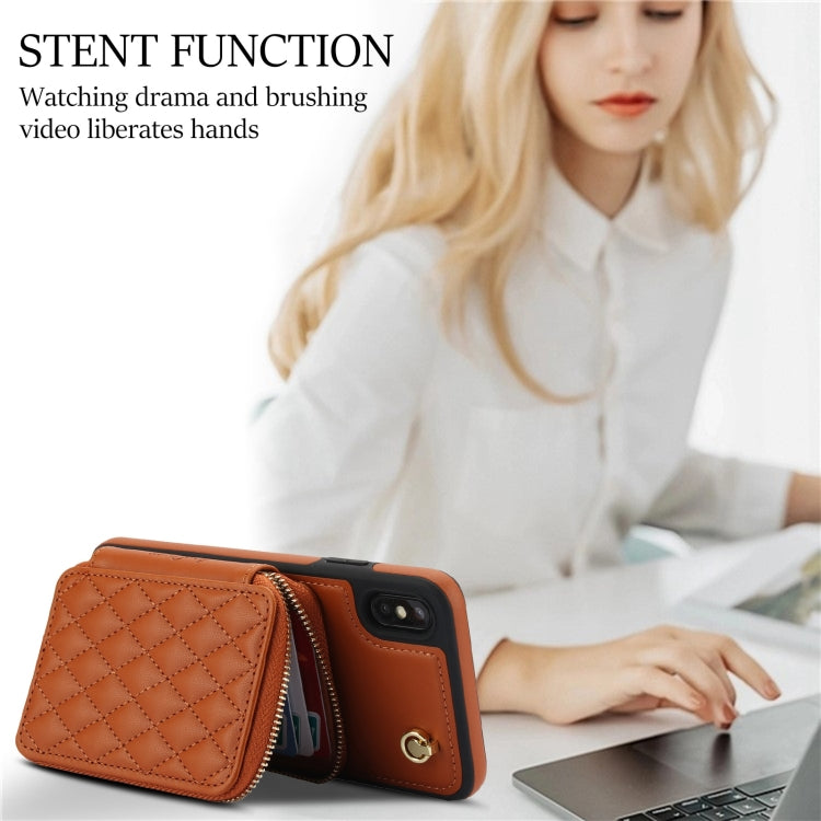 For iPhone XR AwQuer Crossbody Zipper Wallet Rhombic Leather Back Phone Case(Brown) - More iPhone Cases by Awquer | Online Shopping UK | buy2fix