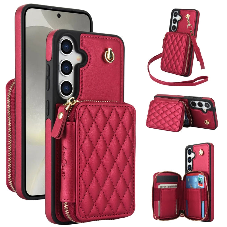 For Samsung Galaxy S24 5G AwQuer Crossbody Zipper Wallet Rhombic Leather Back Phone Case(Red) -  by Awquer | Online Shopping UK | buy2fix