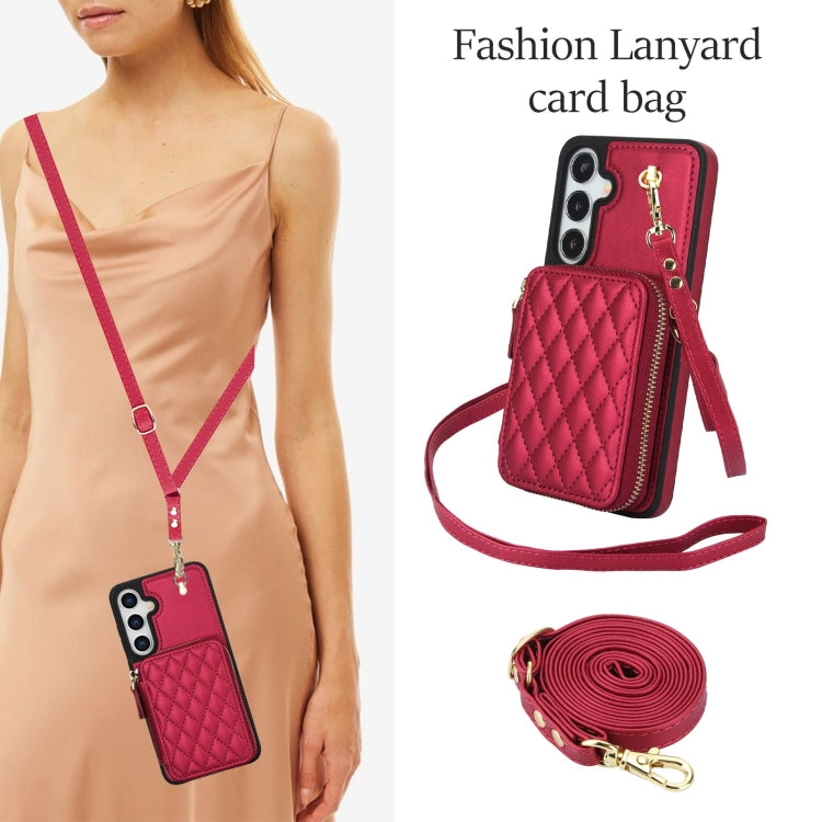 For Samsung Galaxy S24 5G AwQuer Crossbody Zipper Wallet Rhombic Leather Back Phone Case(Red) - by Awquer | Online Shopping UK | buy2fix