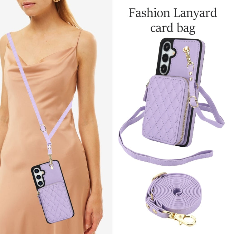 For Samsung Galaxy S24 5G AwQuer Crossbody Zipper Wallet Rhombic Leather Back Phone Case(Purple) -  by Awquer | Online Shopping UK | buy2fix