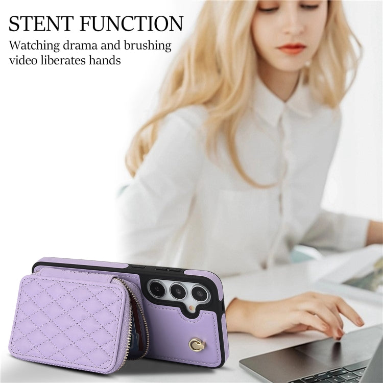 For Samsung Galaxy S24 5G AwQuer Crossbody Zipper Wallet Rhombic Leather Back Phone Case(Purple) -  by Awquer | Online Shopping UK | buy2fix