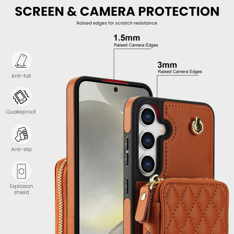 For Samsung Galaxy S24 5G AwQuer Crossbody Zipper Wallet Rhombic Leather Back Phone Case(Brown) - by Awquer | Online Shopping UK | buy2fix