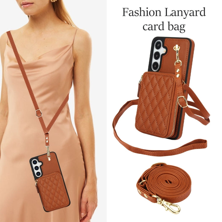 For Samsung Galaxy S24 5G AwQuer Crossbody Zipper Wallet Rhombic Leather Back Phone Case(Brown) - by Awquer | Online Shopping UK | buy2fix