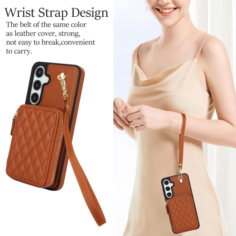 For Samsung Galaxy S24 5G AwQuer Crossbody Zipper Wallet Rhombic Leather Back Phone Case(Brown) - by Awquer | Online Shopping UK | buy2fix