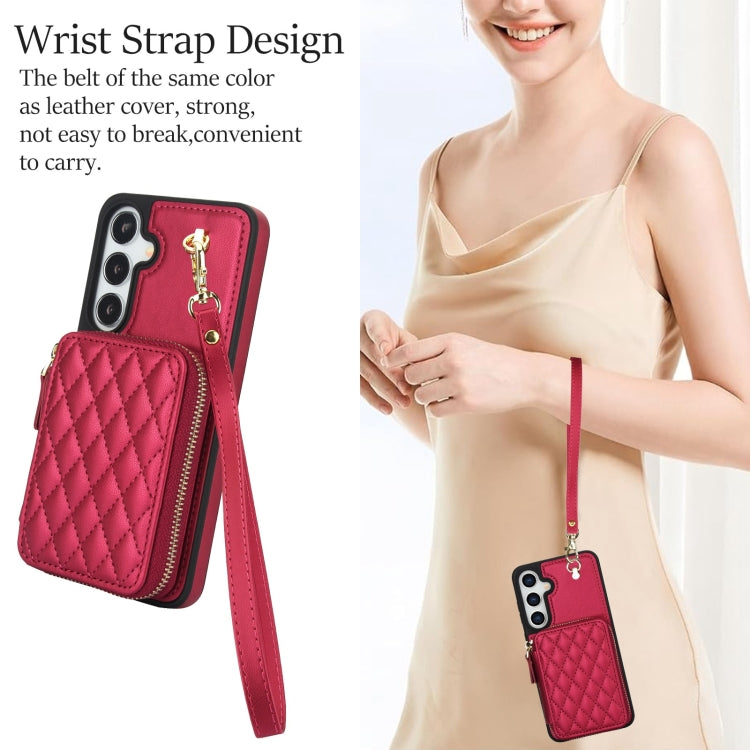 For Samsung Galaxy S24+ 5G AwQuer Crossbody Zipper Wallet Rhombic Leather Back Phone Case(Red) - by Awquer | Online Shopping UK | buy2fix