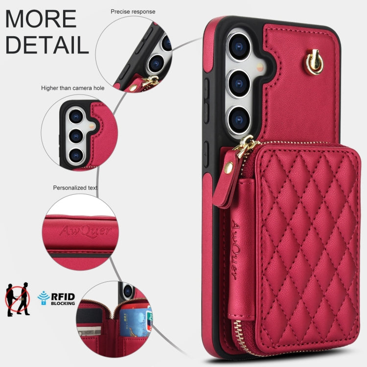 For Samsung Galaxy S24+ 5G AwQuer Crossbody Zipper Wallet Rhombic Leather Back Phone Case(Red) - by Awquer | Online Shopping UK | buy2fix