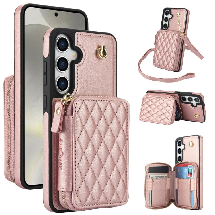 For Samsung Galaxy S24+ 5G AwQuer Crossbody Zipper Wallet Rhombic Leather Back Phone Case(Rose Gold) - by Awquer | Online Shopping UK | buy2fix