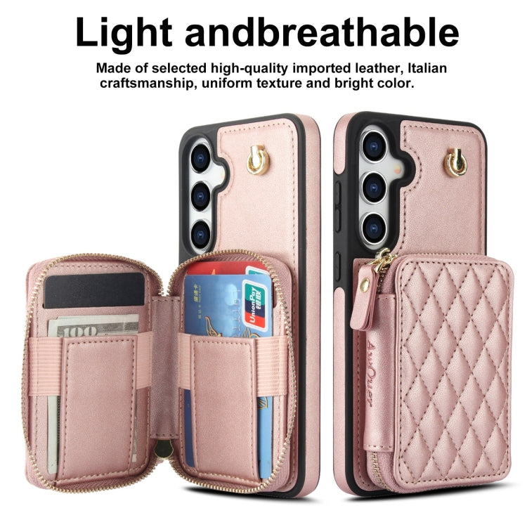 For Samsung Galaxy S24+ 5G AwQuer Crossbody Zipper Wallet Rhombic Leather Back Phone Case(Rose Gold) - by Awquer | Online Shopping UK | buy2fix