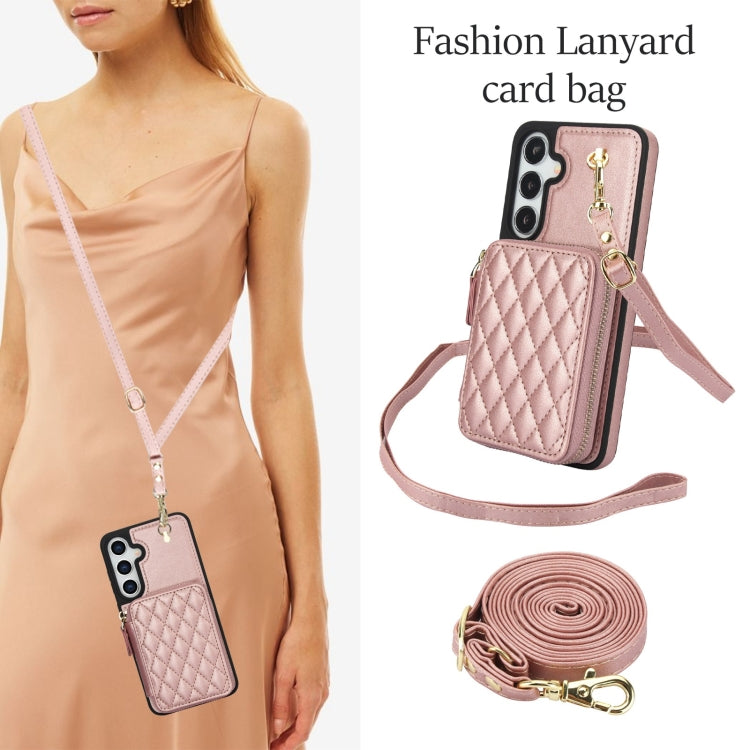 For Samsung Galaxy S24+ 5G AwQuer Crossbody Zipper Wallet Rhombic Leather Back Phone Case(Rose Gold) - by Awquer | Online Shopping UK | buy2fix